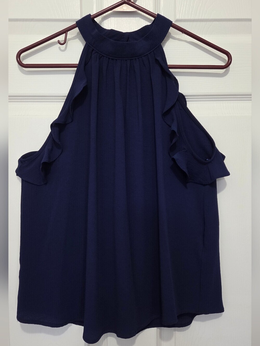 E & M Navy Blue Ruffle Sleeveless Halter Top Size Medium